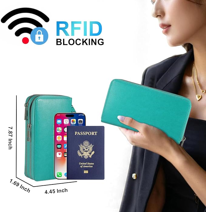 RFID Blocking Cellphone Wristlet Wallet for Women Dual Zipper Large Capacity 17 Card Holder Ladies Phone Clutch Travel Purse with Removable Strap, Turquoise - Image 2
