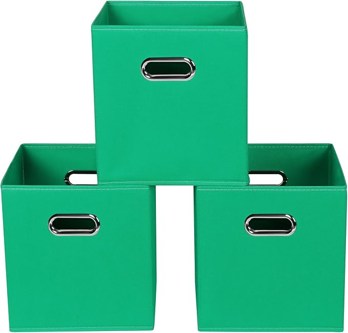 Green Foldable Storage Bins, 11x11x11, Set of 3, (Fabric Cube Organizer with Handle, for Cloth or Accessory Storage) by Yunkeeper