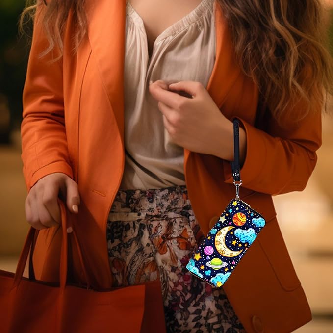 Wallet,Leather Long Wallet Suitable For Ladies And Teenagers - Detachable Wristband + RFID Travel Wallet With Card Slot - Colored Universe - Image 6
