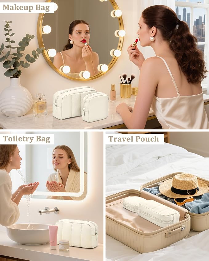 2 Pcs Makeup Bag Travel Toiletry Bag for Women Puffy Padded Cosmetic Pouch Purse Wide-open Makeup Organizer Case Travel Essentials - Image 6
