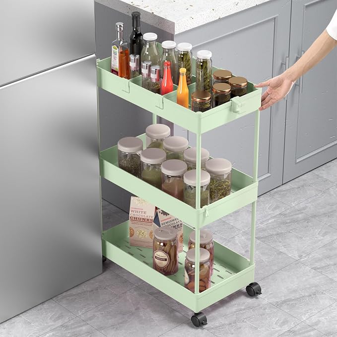 3 Tier Rolling Cart with Wheels, Storage Craft Art Trolley Organizer Serving, 3 Hanging Baskets Easy Assembly, for Office, Living Room, Kitchen, Green - Image 4