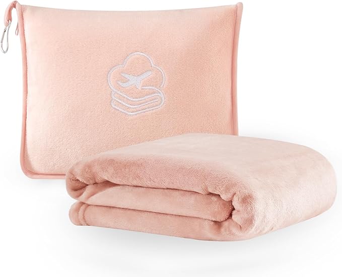 Travel Blanket, Soft 2-in-1 Airplane Blanket, 65x40 Inches, Travel Blanket Airplane Compact with Bag, Car Blanket with Luggage Sleeve & Backpack Clip (Peachy Pink) by PEUJEW