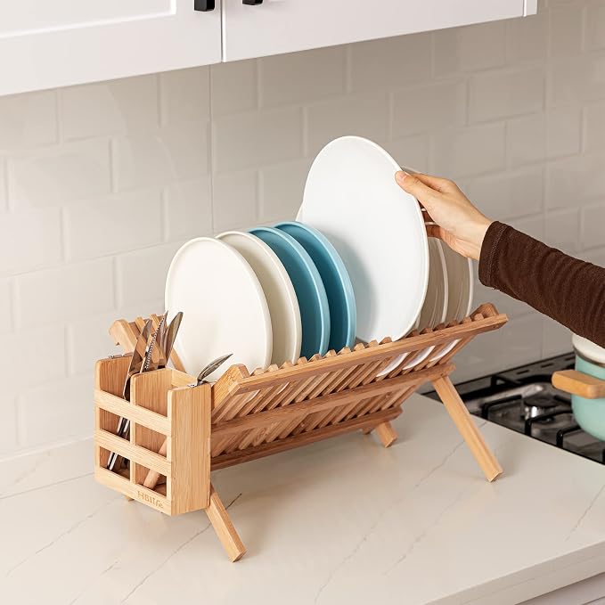 HBlife Dish Rack, Bamboo Folding 2-Tier Collapsible Drainer Dish Drying Rack with Utensils Flatware Holder Set (Dish Rack with Utensil Holder) - Image 6
