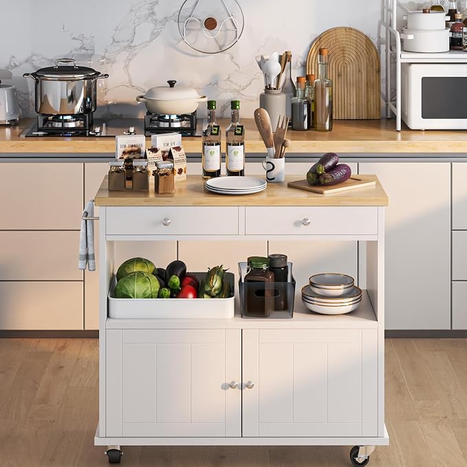 knoworld Rolling Kitchen Island with Storage Cabinet, 35.4'' Width Kitchen Cart, 2 Drawers Island Table, Portable Mobile Kitchen Island with Towel Rack, Wood Top and Lockable Wheels, White - Image 4