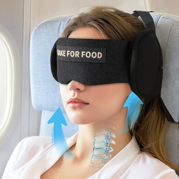 Travel Pillows for Airplanes, Airplane Pillow for Long Flights Sleeping Travel, Airplane Head Strap with Eye Mask 360° Support Headrest for Plane Road Trip Sleep, Stop Head Bobbing（Black） by ARLIKSI