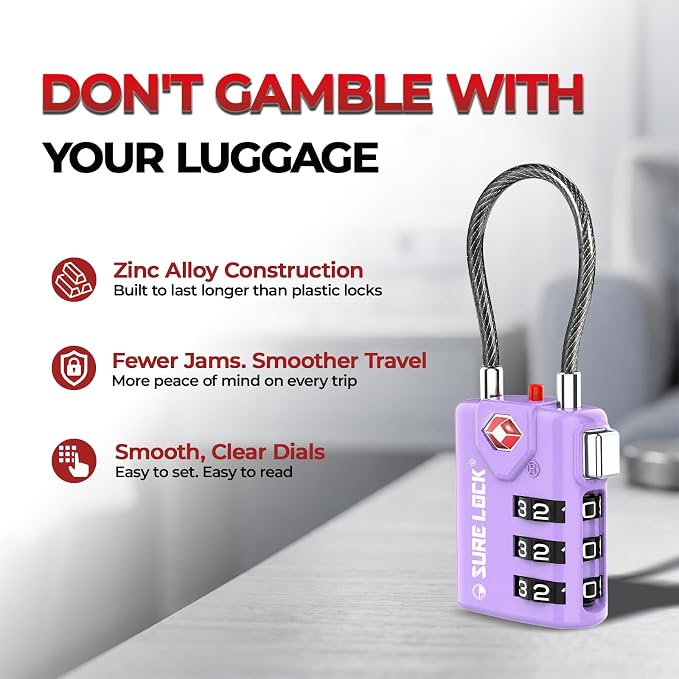 SURE LOCK TSA Approved Luggage Locks with Open Alert Indicator, 3 Digit Combination Cable Travel Lock for Suitcase, Backpack, Gym Locker, Toolbox & Travel Bag(2, Purple 2 Pack) - Image 6