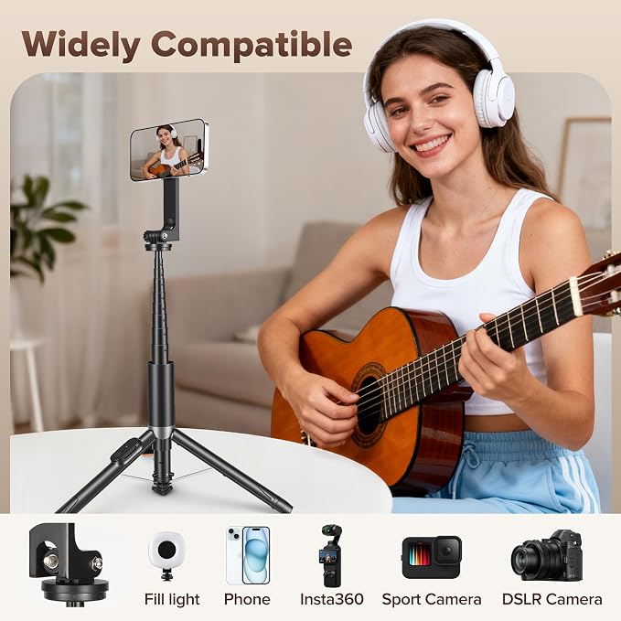 64" Magnetic Tripod for Phone, Auto-Open Tripod with 360° Rotatable | Phone Stand with Metal Ring & Rechargeable Remote for iPhone/Android Photography/Vlogging - Image 6