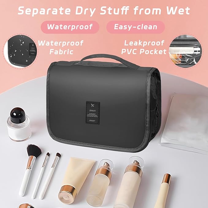 Toiletry Bag Travel Bag with Hanging Hook for Women Men,Black Pure | Waterproof Small Capacity Hanging Multifunctional Makeup Bag for Toiletries, Portable Cosmetic Bag Travel Organizer - Image 5