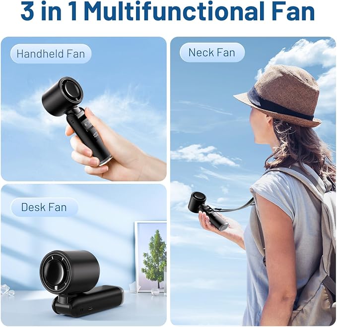 Lerat Portable Handheld Turbo Fan, 5 High-Speed Wind, Battery Operated, Up to 12H Runtime, 3 IN 1 Hand Fan with LED Display & Flashlight, Personal Cooling Fan for Travel, Outdoor, Beach Essentials - Image 4
