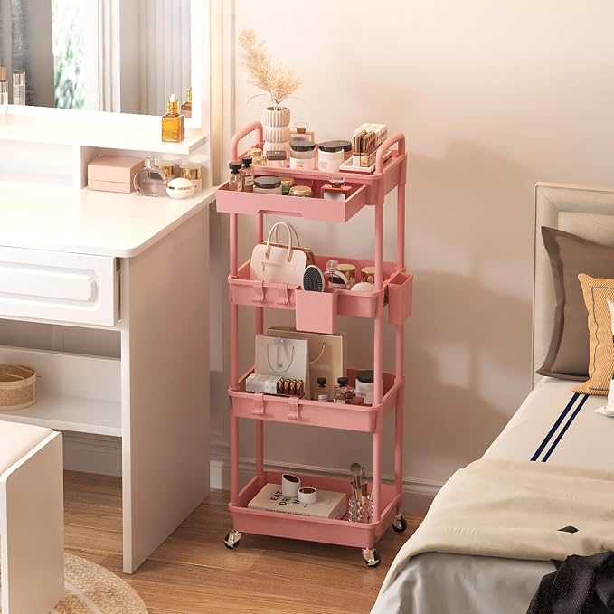 4 Tier Rolling Utility Cart with Drawer, Plastic Storage Organizer Rolling Carts with Wheels Handles Hanging Cups Hooks for Office, Bathroom, Kitchen,Craft Art Room (Pink) - Image 9