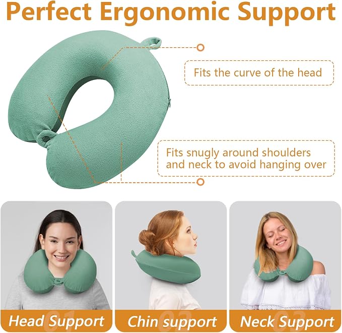 Travel Pillow, Memory Foam Neck Pillow for Traveling, U Shape Airplane Portable Flight Pillow Adult Travel Neck Pillow for Plane Train Car Home Office (Green) - Image 4