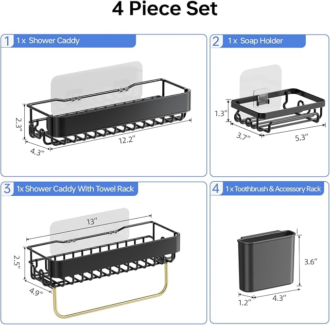 KINGRACK Shower Caddy Adhesive 4-Piece Rust-Resistant Shower Shelves, No-Drill Bathroom Shower Organizer with Large Capacity for Bathroom, Kitchen, and Laundry,Black - Image 9
