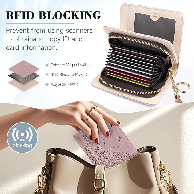 KITEVIUN Women RFID Blocking Small Bifold Wallet, Compact Cash Clutch with Zipper Coin Pocket, Glittery Butterfly Design, Credit Card Holder, Travel Purse with Tassel PURPLE - Image 6