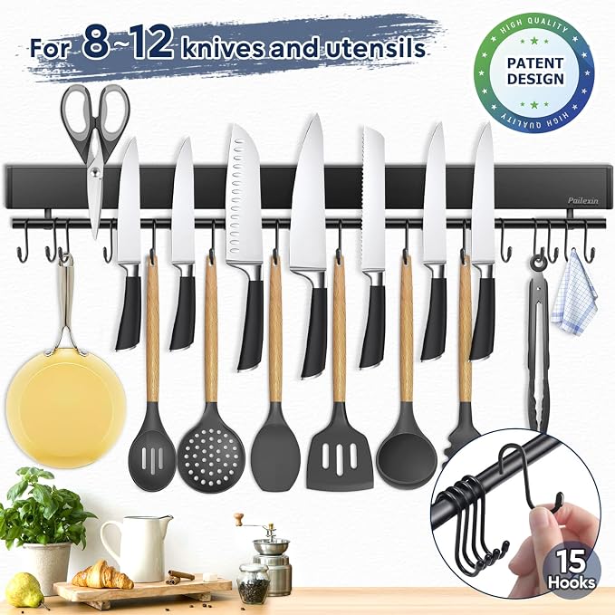 23 inch magnetic knife holder with 15 hooks, No Drilling black knife magnetic strip and utensil hanger for wall, Powerful knife magnet rack include tape and screws - Image 3