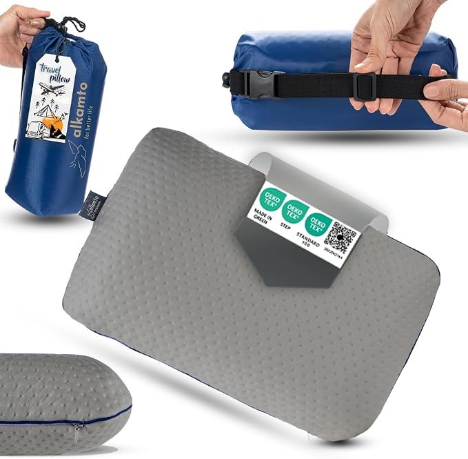 alkamto Travel & Camping Comfortable Memory Foam Pillow – Easy to Carry Portable Bag – Temperature Regulating Pillow Case (Grey) - Image 9