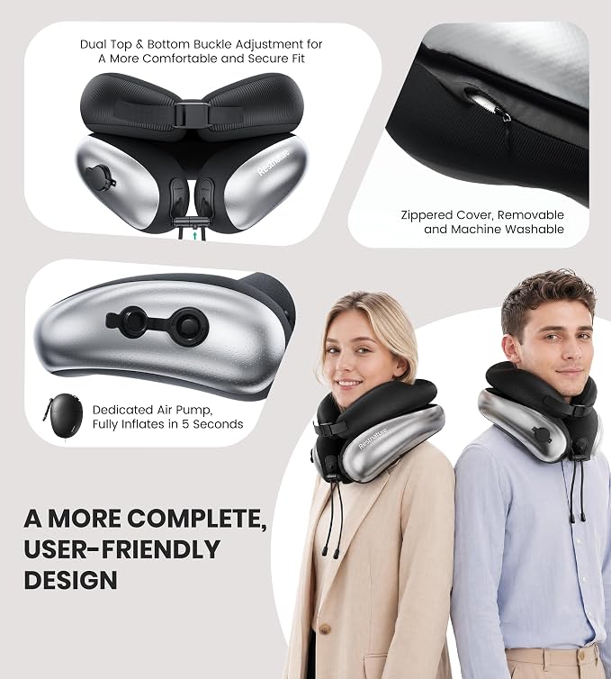 Neck Pillow, Upgraded Adjustable Travel Neck Pillow for Airplane – Patented Inflatable Design with Memory Foam for 360° Ergonomic Head & Neck Support (Gray-M) - Image 6