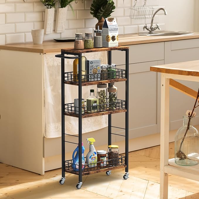 NOVIMANGO Slim Storage Cart Narrow Laundry Cart 4 Tier, Black | Rolling Kitchen Cart with Wheels, Narrow Bathroom Cart, with Handle for Small Spaces, with Wood Tabletop - Image 3