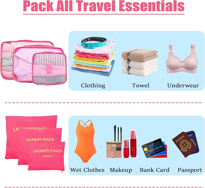 6 Set Packing Cubes for Travel Luggage Packing Bags Reusable Lightweight Suitcase Organizer Cubes Set for Travel Accessories (Rose Red) - Image 6