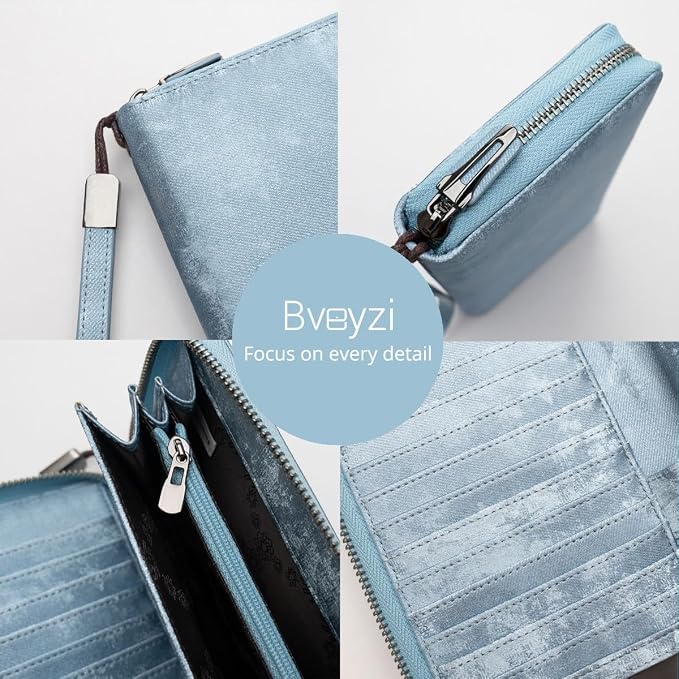 Bveyzi Women RFID Blocking Wallet Leather Zip Around Phone Clutch Large Capacity Ladies Travel Purse Wristlet - Image 5