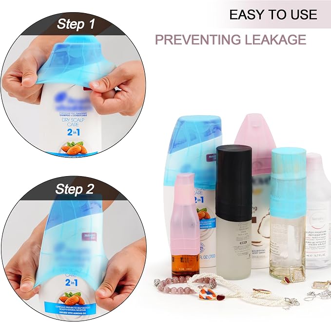 Travel Hanging Toiletry Bag for Women and Men, with 8 Leak Proofing Silicone Bottle Covers, Waterproof Makeup Accessories, Cosmetic Essentials, Cruise Ship Toiletries Bag with Jewelry Organizer, Pink - Image 3