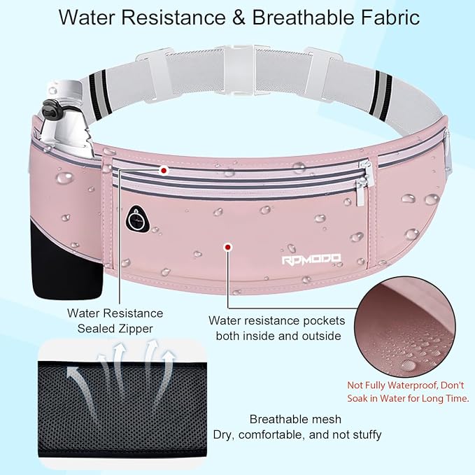 Hydration Waist Pack for Women Men for Running Outdoor, Pink | Slim Running Belt with Water Bottle Holder, 4 Pocket Large Capacity, Lightweight & Reflective, Fanny Pack for iPhone Samsung - Image 3