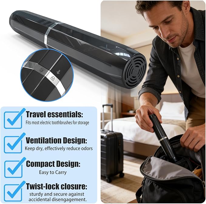 Long Ventilated Electric Toothbrush Travel Case, Portable Holder, Fits Most Standard Straight Electric Toothbrushes (Black) - Image 3