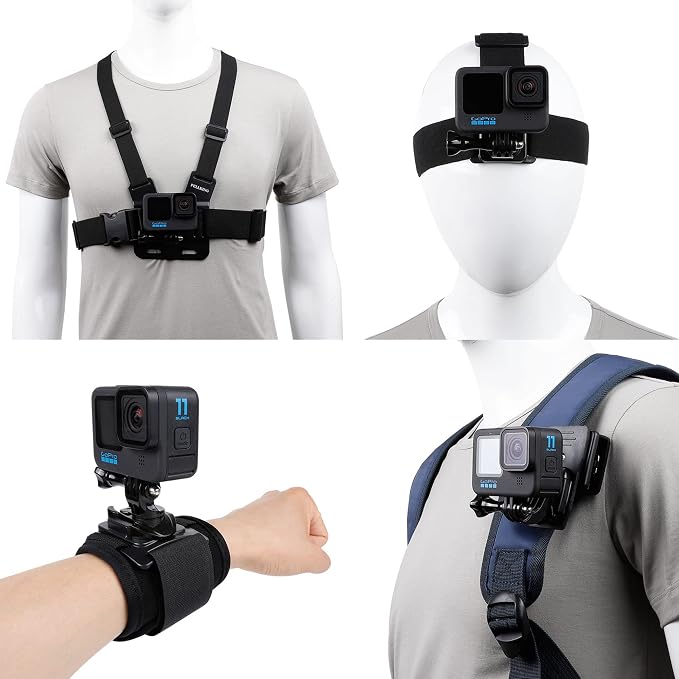 PellKing Accessories Set for GoPro Hero 13/12/11/10/9/8/7/6/5/Mission 1 Pro | New Quick Release Head Strap Mount + Chest Mount Harness + Backpack Clip Holder + 360°Rotating Wrist Strap for DJI Action 6 5 by PellKing
