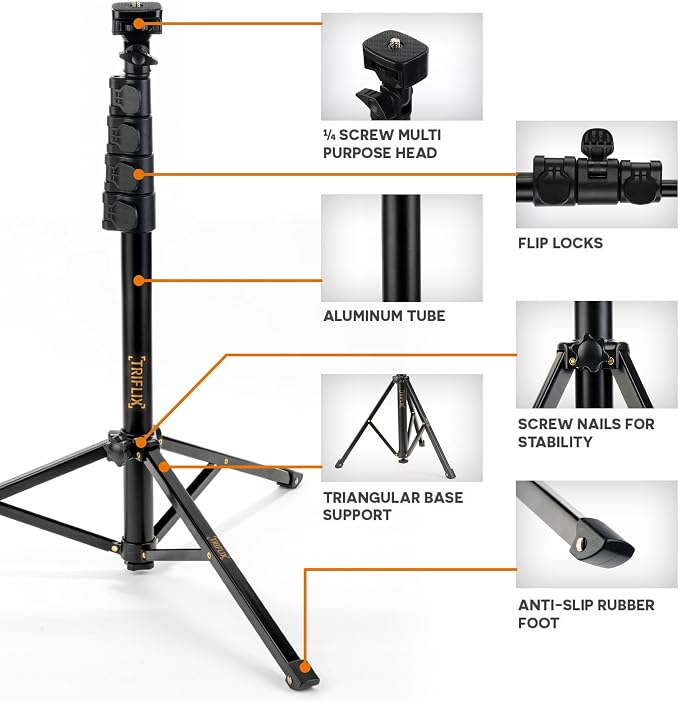 68" Phone Tripod Stand & Selfie Stick for iPhone/Samsung Extendable Travel Cell Phone Tripod with Wireless Remote & 360° Tripod for iPhone for Video Recording, Vlogging & Camera & Bag | TRIFLIX - Image 3