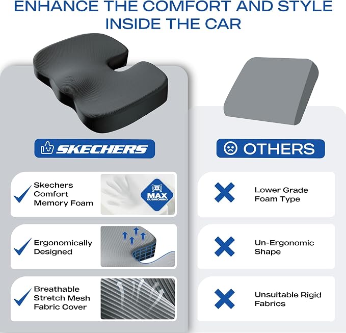 Skechers Memory Foam Seat Cushion,Office Chair Cushion for Tailbone Pain Relief,Butt Pillow for Office Chair,Car seat Cushion,Computer Desk,Long Sitting Office Workers,and Car Drivers,Black - Image 6