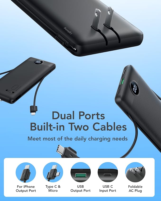 VRURC 10000mAh 22.5W Portable Charger, AC Plug & Built-in Cables,Black | Slim battery pack ,PD 20W fast charging, for business travel,compatible with iPhone & Samsung - Image 2