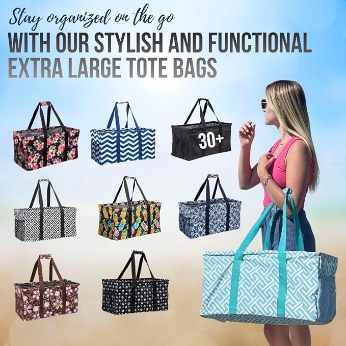 Extra Large Utility Tote Bag - Oversized Collapsible Reusable Wire Frame Rectangular Canvas Basket With Two Exterior Pockets For Beach, Pool, Laundry, Car Trunk, Storage - White Polka Dot - Image 9