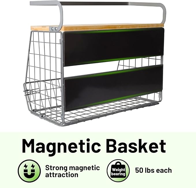Magnetic Fridge Shelf with Wood Lid, Fruit Potato Onion Storage Bins, Pantry Organizers, Large Container Spice Rack for Refrigerator, Kitchen Counter, Cabinet (2, Silver) - Image 4