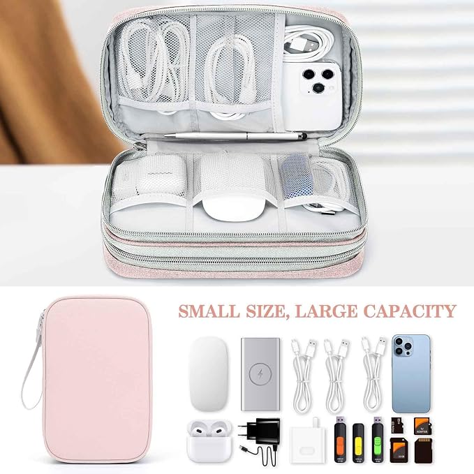 FYY Electronic Organizer, Travel Tech Pouch Bag, Large, Light Pink | Wrist Strap, Waterproof, Double Layers Portable Electronics Travel Carrying Case for Cord, Charger, Daily Business Trips Use - Image 6