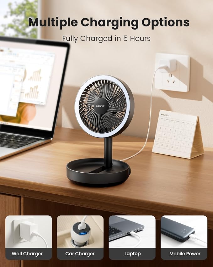 Gaiatop Foldable Desk Fan with Night Light, 6.8in Portable Travel Fan | 6000mAh Battery Powered Fan, USB Rechargeable, Bedroom Office Camping Travel & Cruise Essentials, Gifts for Women Men, Black - Image 7