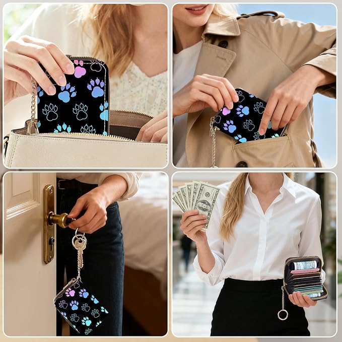 Credit Card Holder for Women,Small Rfid Wallet with Keychain Zipper,Cute PU Leather Card Case Wallet，Accordion Credit Card Wallets Gift,Colorful Paw Prints - Image 5