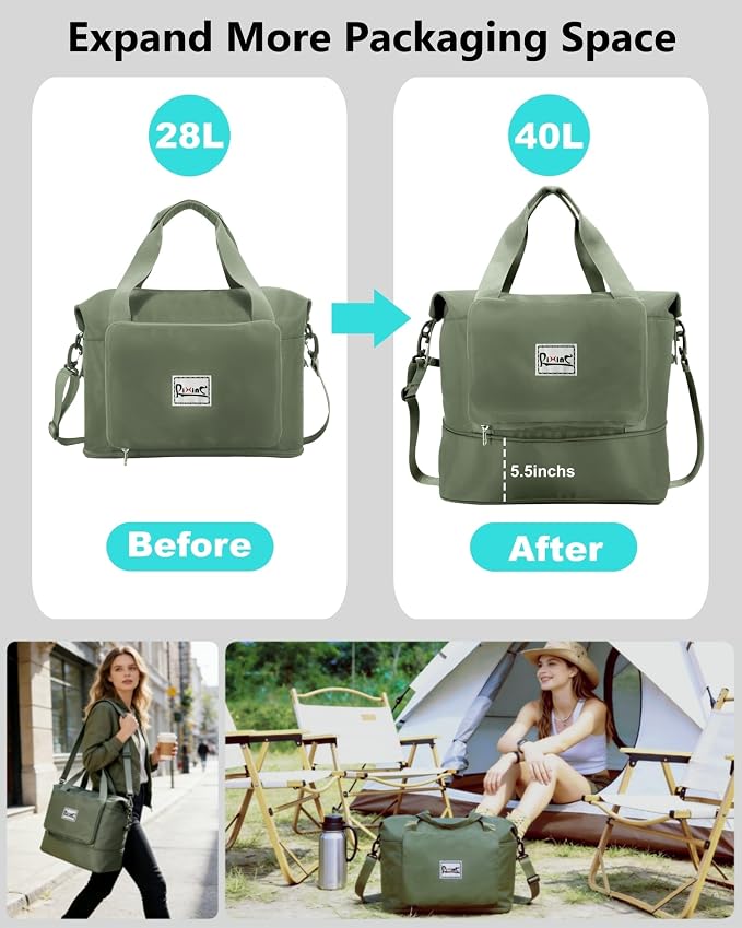 Foldable Travel Duffel Bag for Women, Olive Green | 40L Expandable Water-Resistant Carry on Bag, Personal Item Travel Bag Flight Approved with Wet Pocket for Gym Travel, Nylon - Image 2