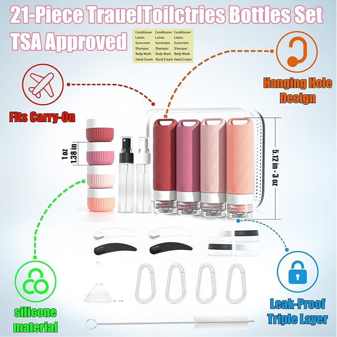 Travel Toiletry Containers 26Pcs Silicone Leakproof TSA Approved Set | Travel Bottles with Hanging Holes & Carabiners, Space Saving Portable, Easy Clean for Trips and Weekend Getaways - Image 2