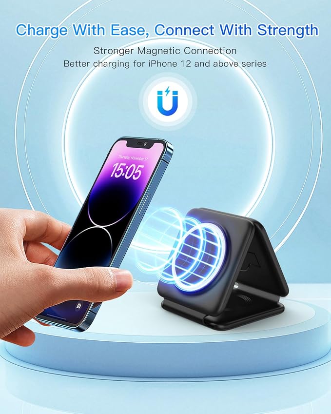 Magnetic Wireless Charger for iPhone: Fodable 3 in 1 Charging Station for Multiple Apple Devices - Travel Charging Pad Dock for Apple Watch iPhone 17 16 15 14 13 12 Pro Max Plus & Airpod - Image 7