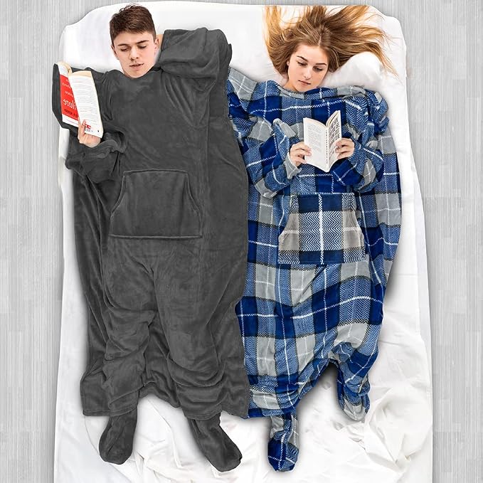 PAVILIA Fleece Blanket with Sleeves, Foot Pockets for Women Men Adults, Plush Wearable Blanket Throw Wrap, Warm Snuggle Blanket Robe, Cozy Gift Ideas Wife Mom, Plaid Navy Blue - Image 5
