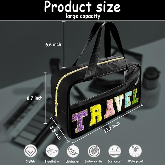 Bunliuys Chenille Letter Clear Makeup Bag Travel Patch, Travel Toiletry Makeup Bag with Handle, Nylon Waterproof Makeup Bags clear cosmetic bag, preppy patch makeup bag for Women (TRAVEL-Black) - Image 2