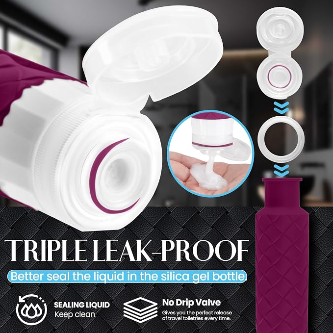 Silevoler Travel Bottles for Toiletries, TSA-Approved Travel Size Container | Woven Pattern BPA Free Silicone Leak Proof Refillable Liqus Shampoo And Conditioner Essentials Toiletry Bottles(Purplish Red) - Image 5