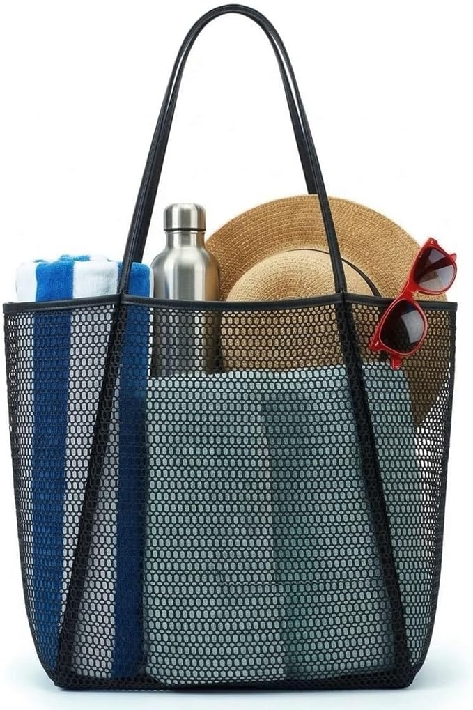 Rave Envy Large Mesh Beach Tote Bag - Waterproof Pool & Travel Beach Bag | Large Capacity | Sturdy Base | Lightweight Foldable Design | Quick-Drying Breathable Fabric | Spacious Multi-Pocket Storage by RaveEnvy