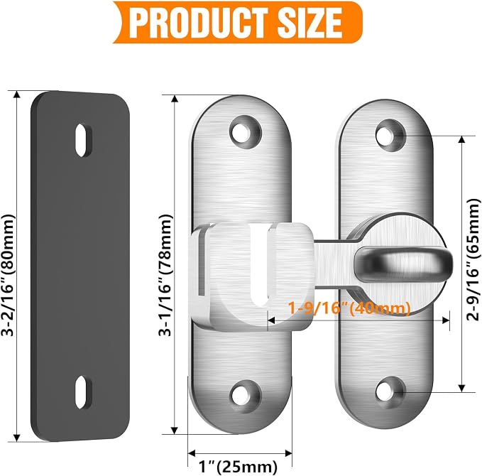 90/180 Degree Flip BarnDoor Lock, Small Door Latch, Silver 2 PCS | Heavy Duty Door Latch, Interior Sliding Door, Pocket Door, Bedroom, Bathroom, Cabinet, Privacy Lock, Includes Spacer - Image 5