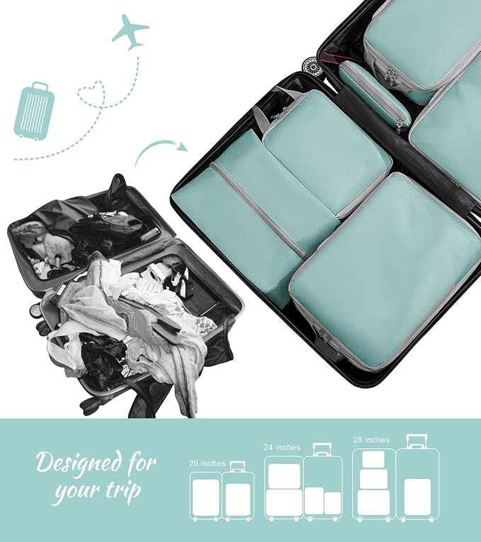 WOOMADA Compression Packing Cubes for Suitcases Travel Essentials 8 Set Expandable Travel Bags Organizer for Luggage(turquoise) - Image 4