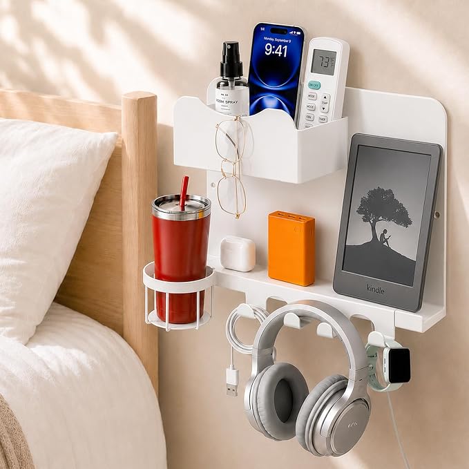 Metal Bedside Wall Shelf, No Drill Floating Bedside Shelf Wall Organizer | Bedside Wall Shelf with Detachable Cup Holder for Bedroom, Dorm, Nightstand Alternative, Bunk Bed Accessories & RV Storage by Unknown