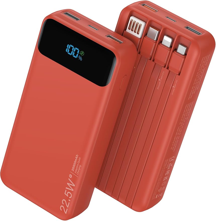 Nusyddy Portable Charger 20000mAh 22.5W w/4 Built-in Cables/6 Outputs Red | 22.5W Fast Charging, LED Display, Pass Through Charging, Charge 6 Devices at once, TSA Approved, Fits iPhone, iPad, Samsung by NUSYDDY