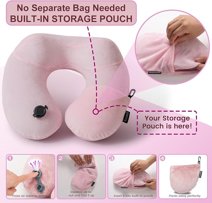 Keemall Inflatable Travel Neck & Shoulder Pillow for Airplanes&Long Trips | Soft Luxury Velvet Neck Support with Washable Cover, for Flights, Camping & Office, Great Travel Gift for Women & Girls, Pink - Image 4