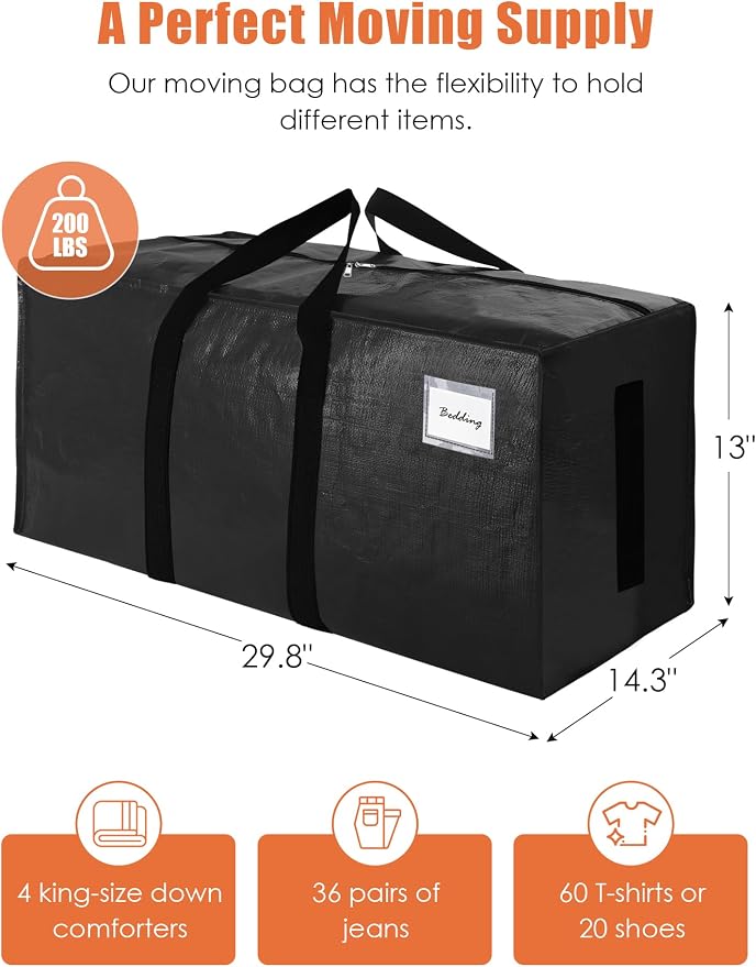 SWEET DOLPHIN 8 Pack 200LB Heavy-Duty Moving Bags with Wrap-Around Handles, Extra Large Storage Totes for Space Saving, Clothes Storage Bags, College Dorm Essentials, Black, 24 Gal - Image 4