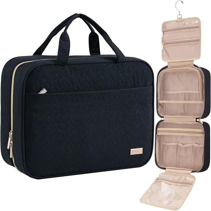 NISHEL Travel Toiletry Bag for women, Portable Hanging makeup Organizer | for Travel-Sized Shampoo, Conditioner, Brushes Set, makeup Accessories, Large Size, Black by NISHEL