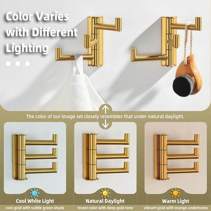 Angle Simple Towel Hooks, Swivel Bathroom Hook, Brushed Dark Gold, 2 Pack | SUS304 Stainless Steel, Folding 3 Arms, Kitchen Hand Towel Dishcloth Holder, Space Saver Fits Narrow Spot, Screws Mounted - Image 4